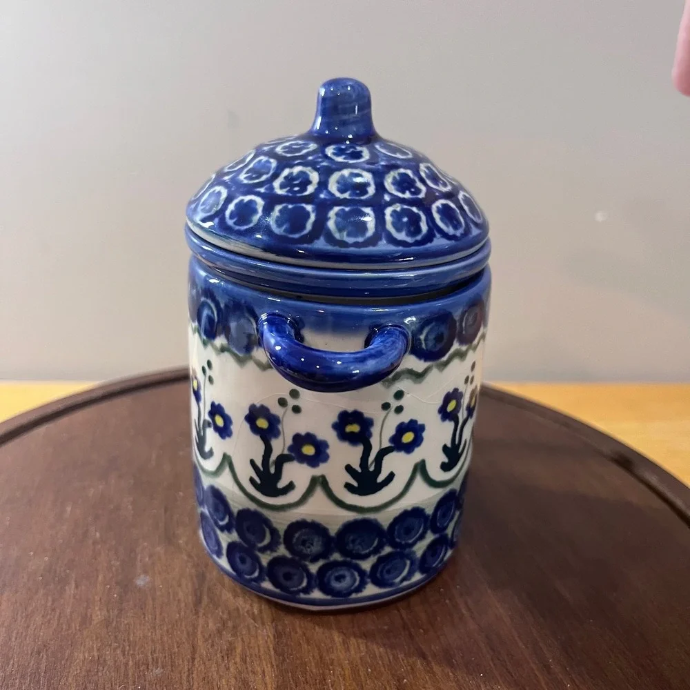 Vtg Polish Pottery Unikat Tea Infuser Mug Strainer Set Boleslawiec Blue Floral
